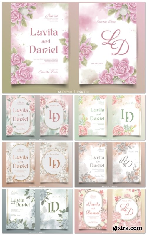 Wedding invitation watercolor psd card set Wedding invitation watercolor psd card set