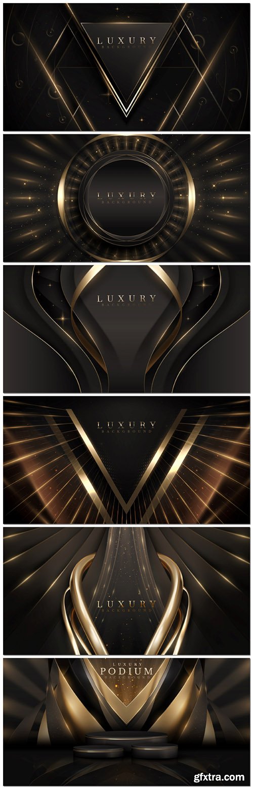 Vector black luxury background with golden line elements and bokeh