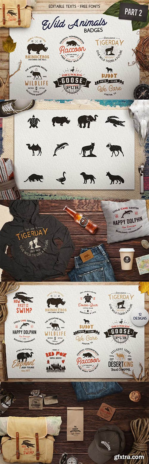 12 Wild Animals Badges Part 2 Travel Retro Logos