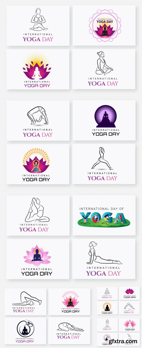 Vector international yoga day logo collection with woman yoga pose and lord buddha