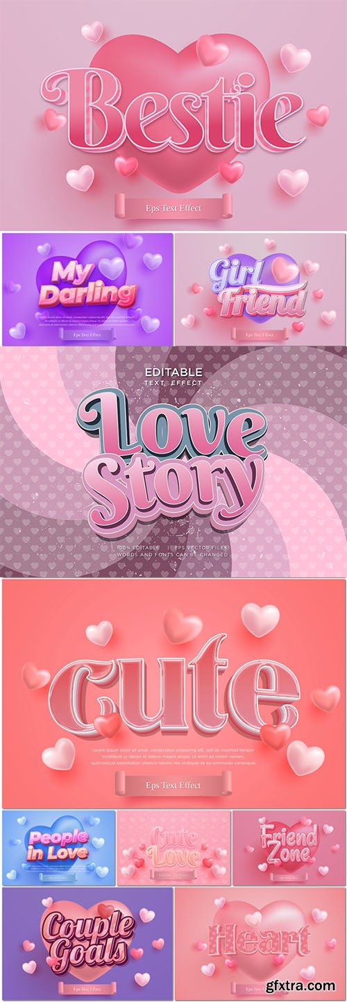 Vector love, romantic 3d editable text effect