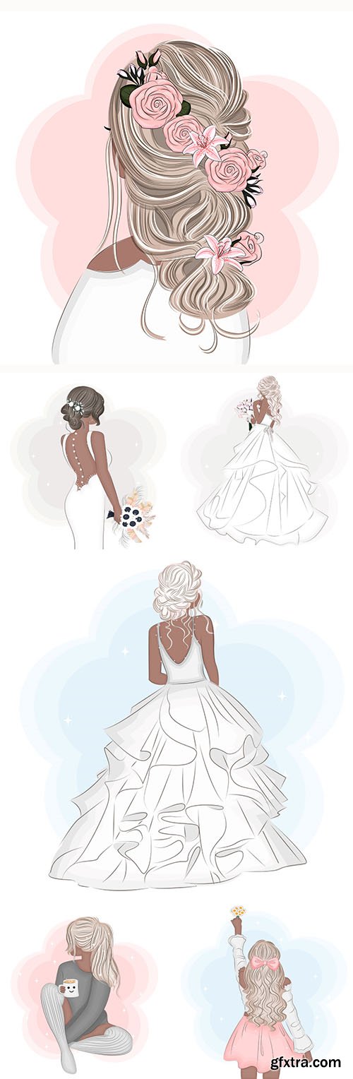 Vector girl stylish, bride in wedding dress
