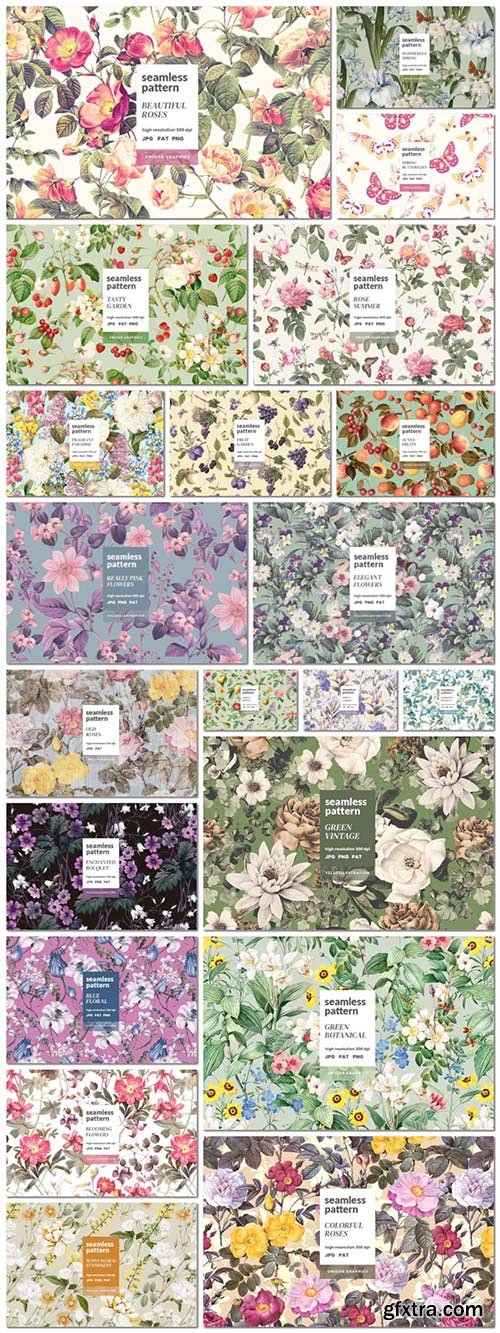 20 seamless textures with flowers, berries, fruits, butterflies - big collection