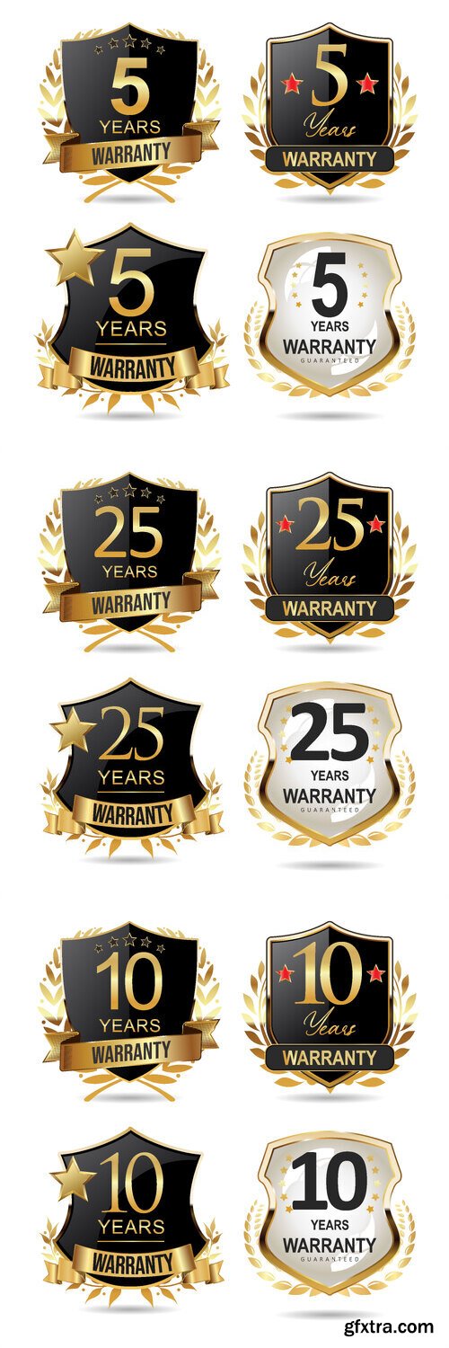 Warranty guaranteed gold and black labels vector collection
