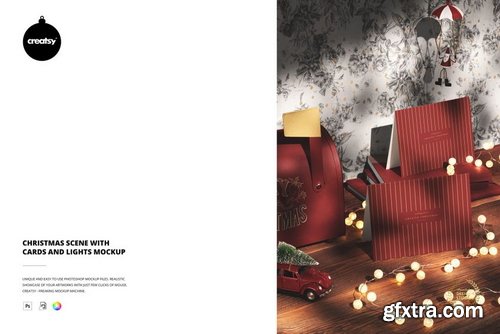 Creatsy - Christmas Scene with Cards and Lights Mockup - 1167137109