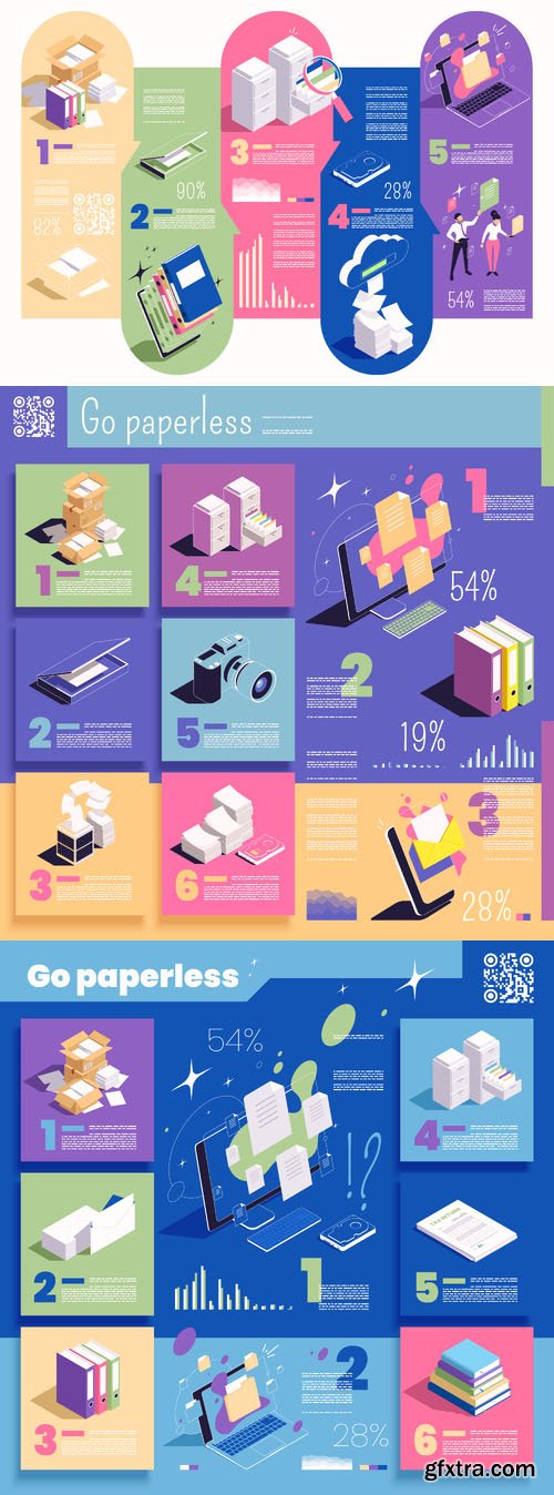 Vector go paperless concept isometric infographics with paper documents Vector go paperless concept isometric infographics with paper documents