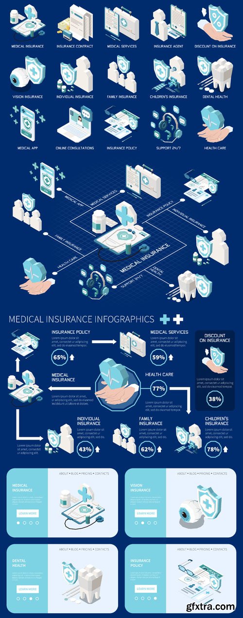 Vector health insurance isometric infographics with medical protection symbols Vector health insurance isometric infographics with medical protection symbols