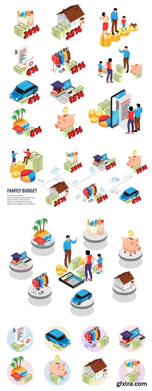 Vector isometric family budget icons set with financial symbols Vector isometric family budget icons set with financial symbols