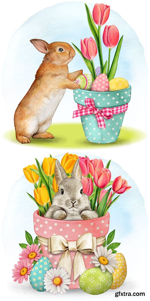 Pot with cute bunny easter eggs and tulips - Watercolor vector clipart Pot with cute bunny easter eggs and tulips - Watercolor vector clipart