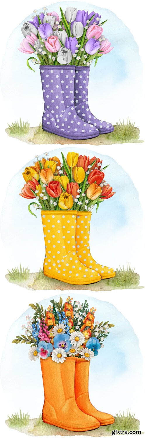 Rubber boots with floral bouquet - Watercolor vector clipart Rubber boots with floral bouquet - Watercolor vector clipart
