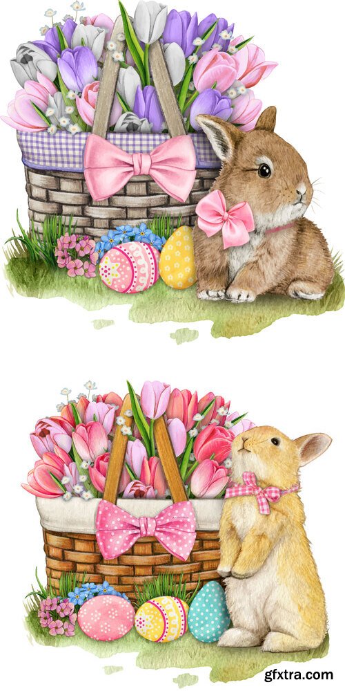 Hand drawn easter bunny with tulip basket - Watercolor vector clipart Hand drawn easter bunny with tulip basket - Watercolor vector clipart