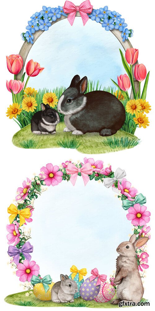 Floral easter wreath with bunnies and eggs - Watercolor vector clipart Floral easter wreath with bunnies and eggs - Watercolor vector clipart