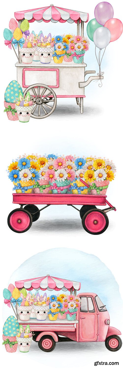 Easter floral market truck - Watercolor vector clipart Easter floral market truck - Watercolor vector clipart