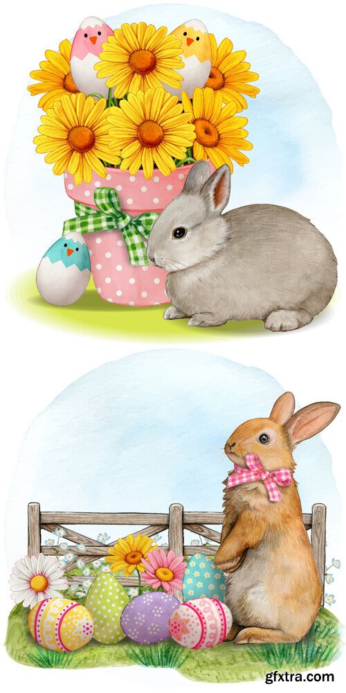 Daisy bouquet with easter eggs and bunny - Watercolor vector clipart Daisy bouquet with easter eggs and bunny - Watercolor vector clipart