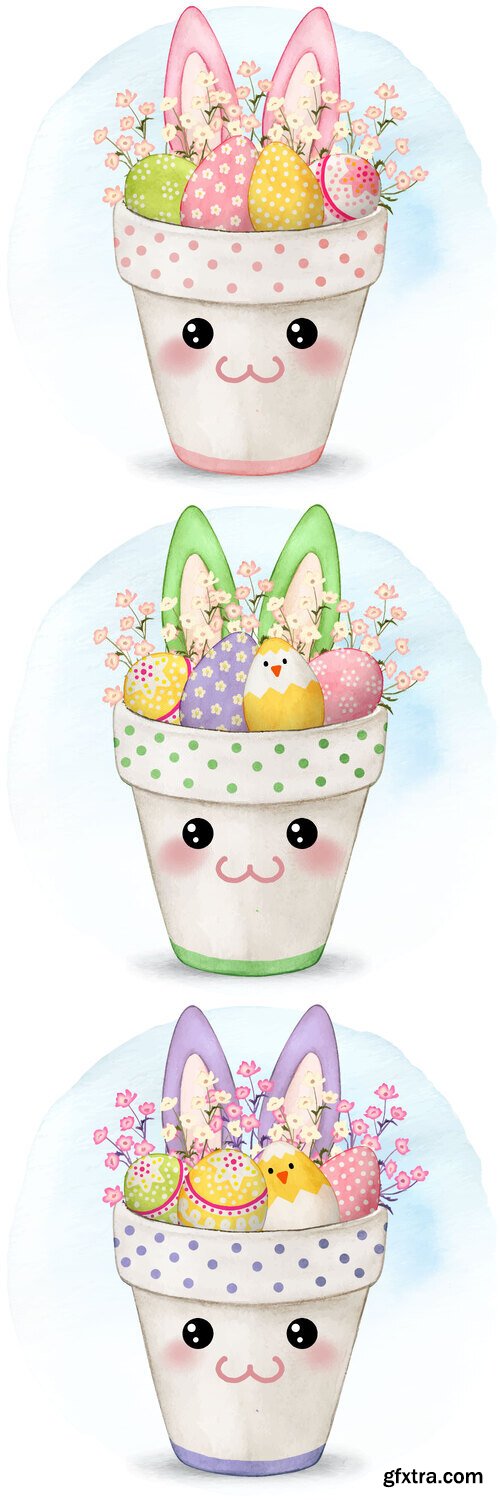 Cute bunny pot full of decorated eggs - Watercolor vector clipart Cute bunny pot full of decorated eggs - Watercolor vector clipart