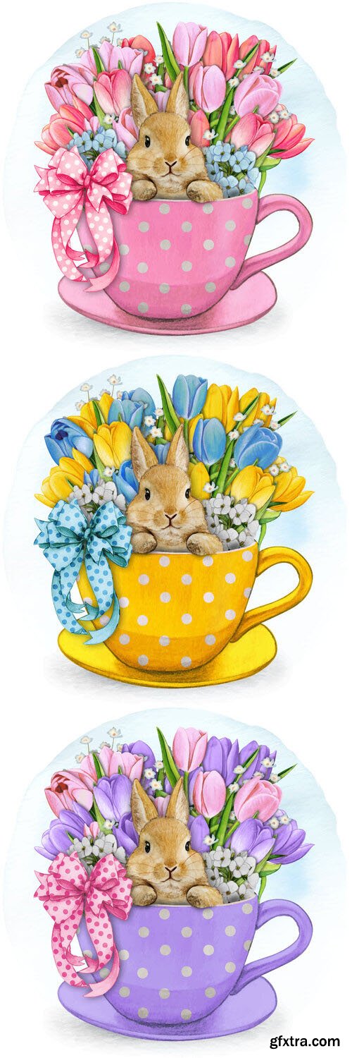 Cup with a bunny and spring flowers in it - Watercolor vector clipart