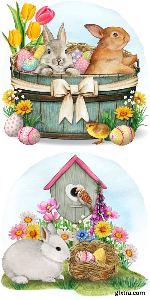 Bunny nest sparrow and birdhouse - Watercolor vector clipart