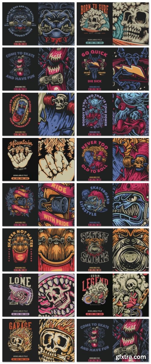 Vintage Garage With Skull Vector Illustration Logo 15 Set