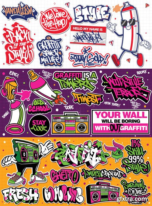Colorful vibrant graffiti art sticker vector designs Colorful vibrant graffiti art sticker vector designs
