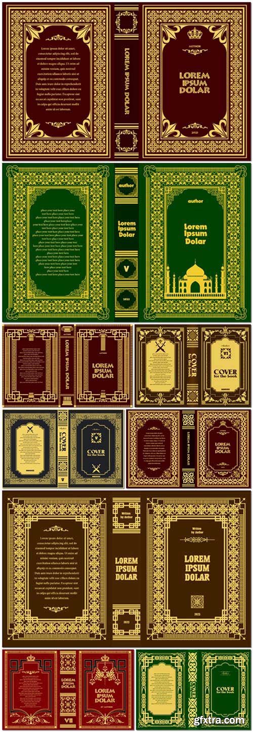 Vector ornate leather book cover, ornament frames royal golden style