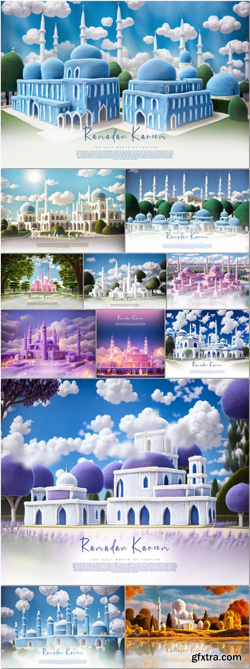 PSD ramadan kareem greetings template with a mosque background blue sky