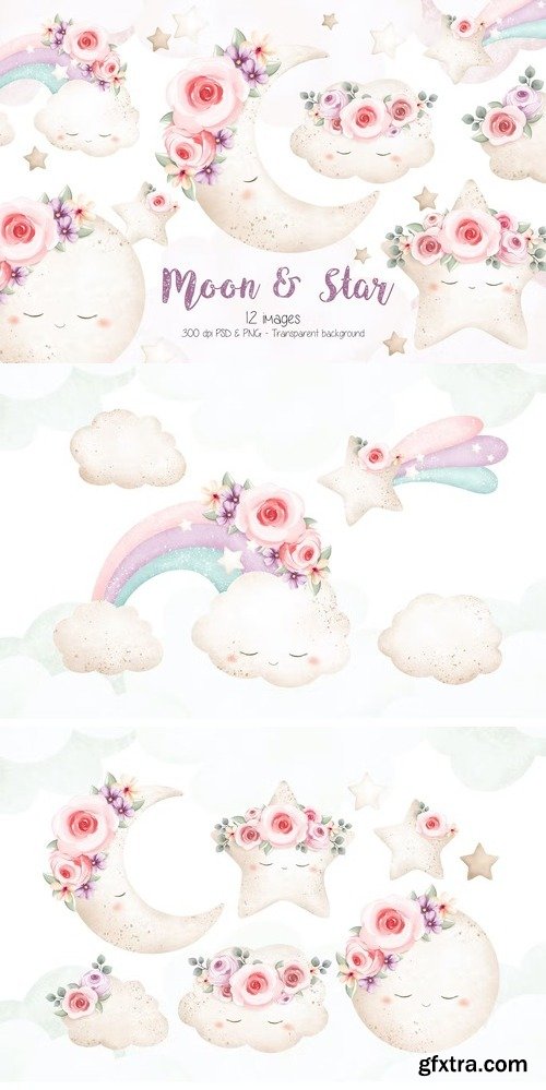 Vintage Moon Star and Cloud Clipart