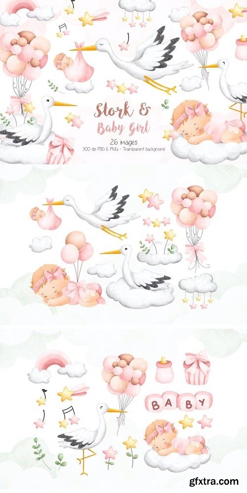 Stork and Baby Girl Clipart