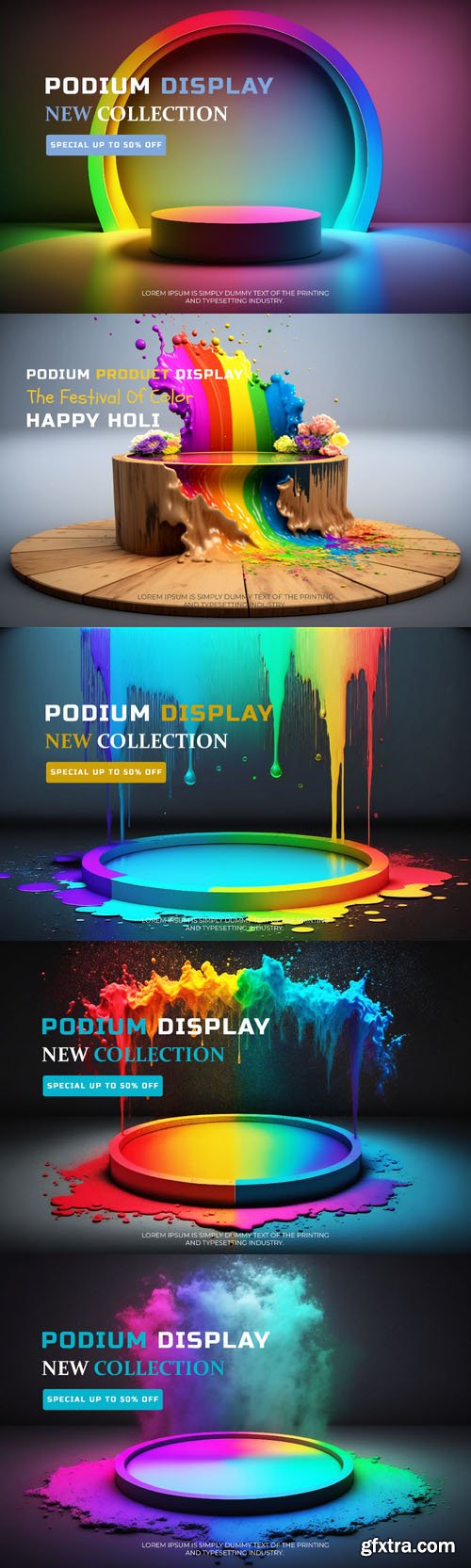 Colorful holi psd podium stage display mockup neon scene Colorful holi psd podium stage display mockup neon scene