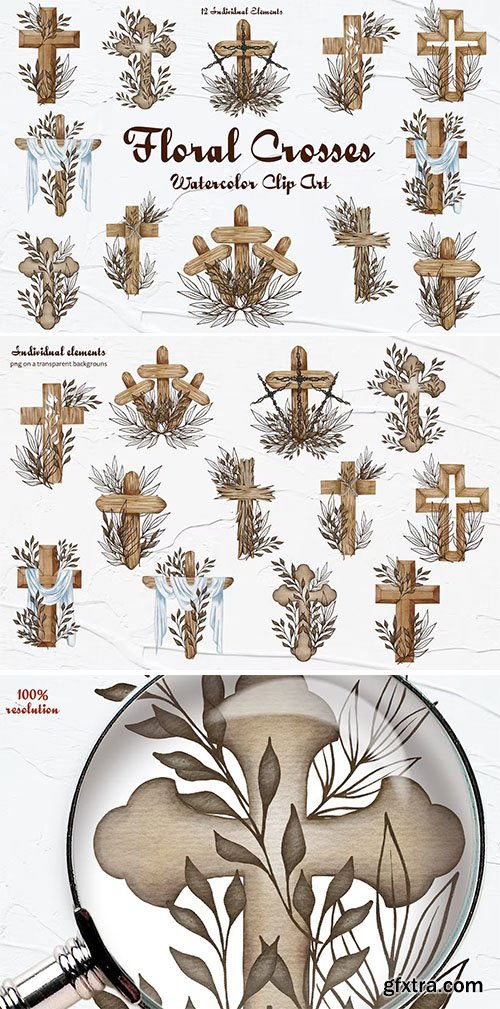 Floral Crosses Watercolor Clipart