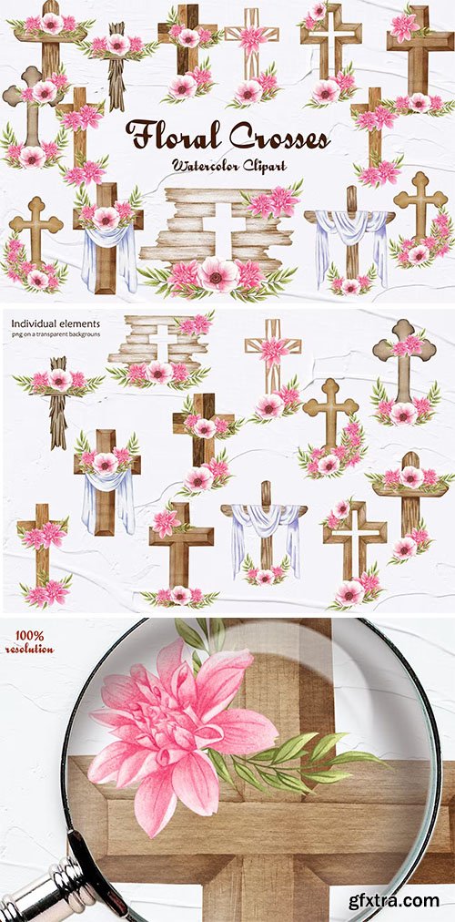 Floral Crosses Watercolor Clipart PNG