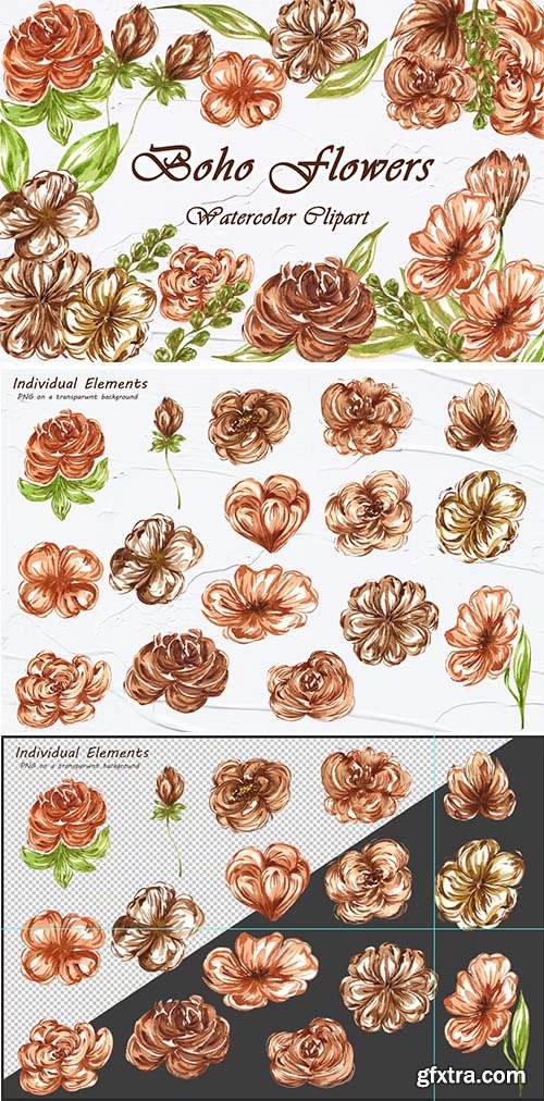 Boho Flowers Watercolor Clipart PNG