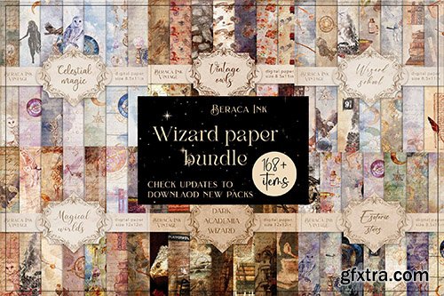Wizard paper bundle, magic background, vintage scrapbooking