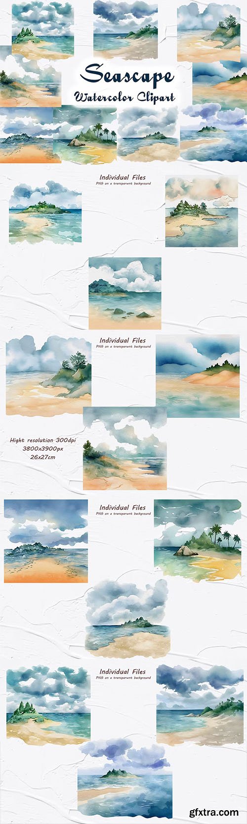 Seascape Watercolor Clipart, Beach clipart
