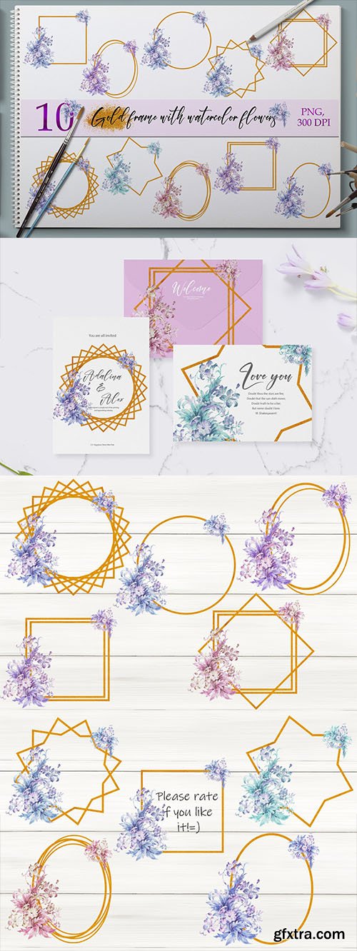 Set of gold Frames with watercolor flowers