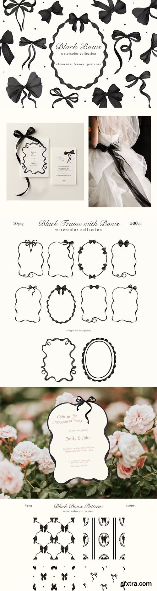 Black Bows Ribbon - Watercolor Clipart Collection