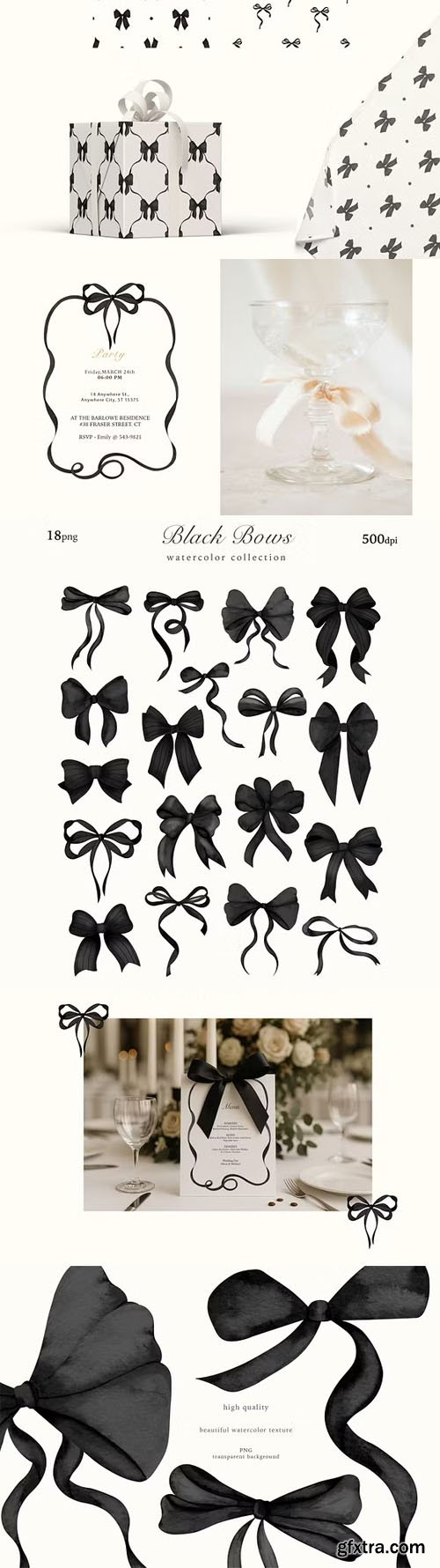 Black Bows Ribbon - Watercolor Clipart Collection