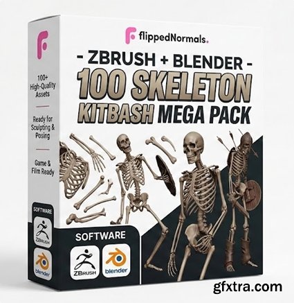 Flipped Normals - Zbrush + Blender - 100 Skeleton KitBash Mega Pack