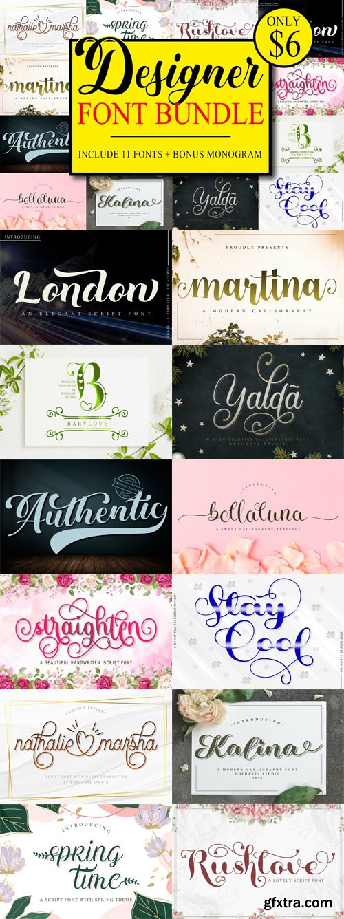 Designer Font Bundle - 11 Premium Fonts with Bonus Monogram