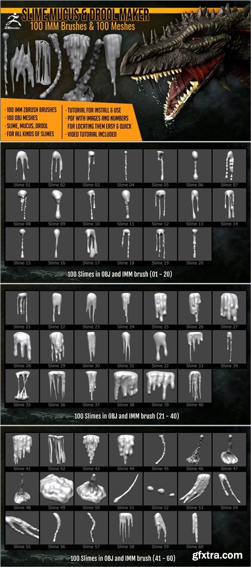 Artstation - Slime Mucus and Drool Maker 100 IMM ZBrush Brushes and 100 OBJs