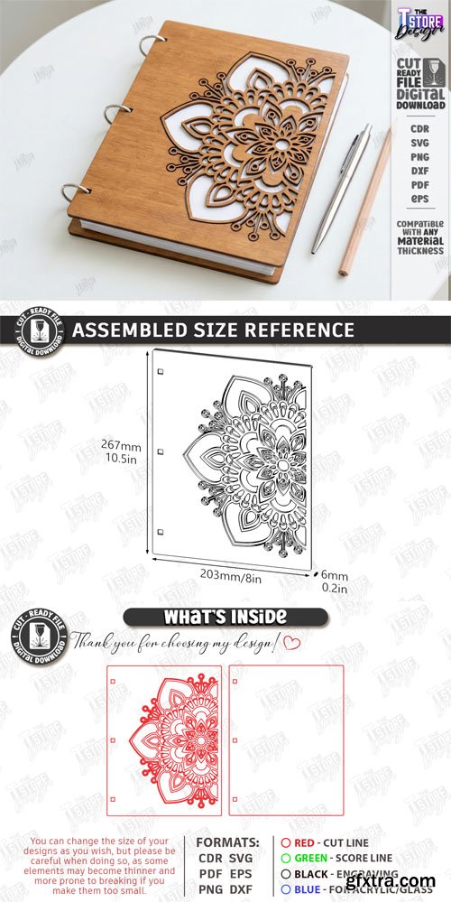 Wooden Notebook Cover Laser Cut - Floral & Geometric Planner SVG