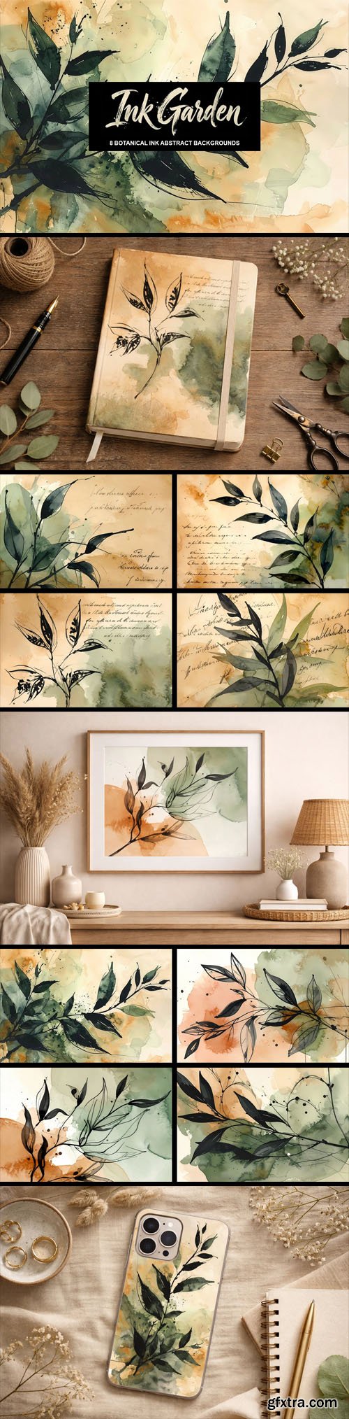 Ink Garden - 8 Botanical Ink Abstract Backgrounds