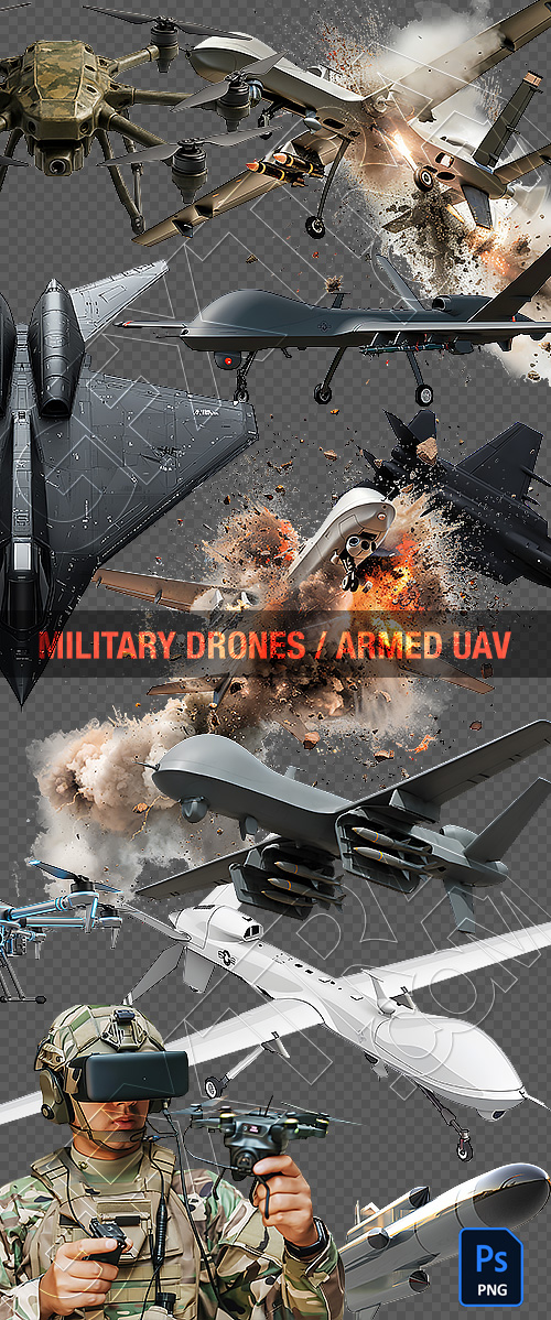 Military Drones, Unmanned Aerial Armed Vehicles UAV 25xPNG