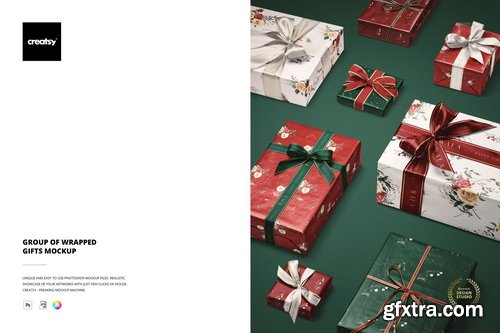 Creatsy - Group of Wrapped Gifts Mockup - 1188405589