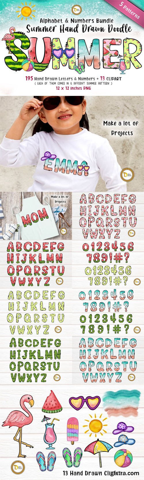 Summer Hand Drawn Doodle Alphabet with Numbers Set