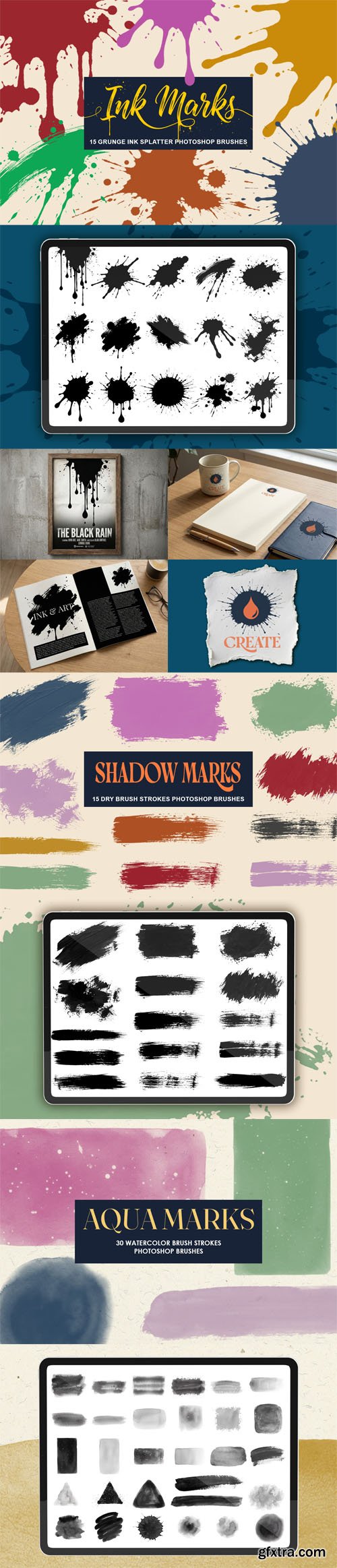 60 Brushes Pack for Photoshop - Aqua, Ink and Shadow Marks