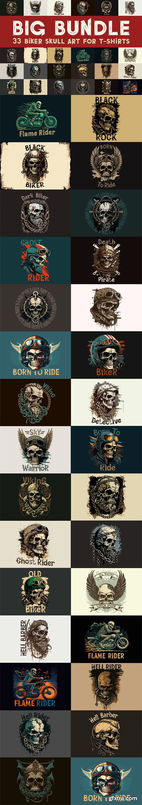Big Bundle - 33 Biker Skull Art for T-shirt Vector Designs