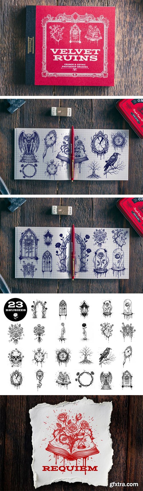 Velvet Ruins - 23 Gothic & Grunge Stamp Brushes Pack for Photoshop Velvet Ruins - 23 Gothic & Grunge Stamp Brushes Pack for Photoshop
