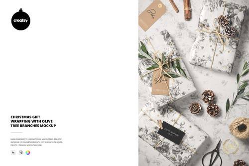 'Creatsy - Christmas Gift Wrapping with Olive Tree Branches Mockup' 'Creatsy - Christmas Gift Wrapping with Olive Tree Branches Mockup'