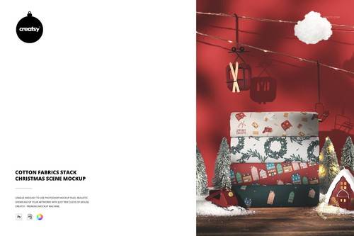 'Creatsy - Cotton Fabrics Stack Christmas Scene Mockup'