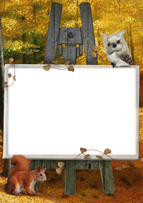 Childish Photoframe with squirrel and an owl - In the autumn forest